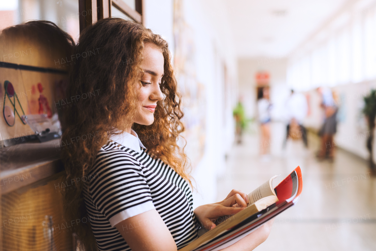 Attractive teenage girl with notebooks in high school hall during break.
