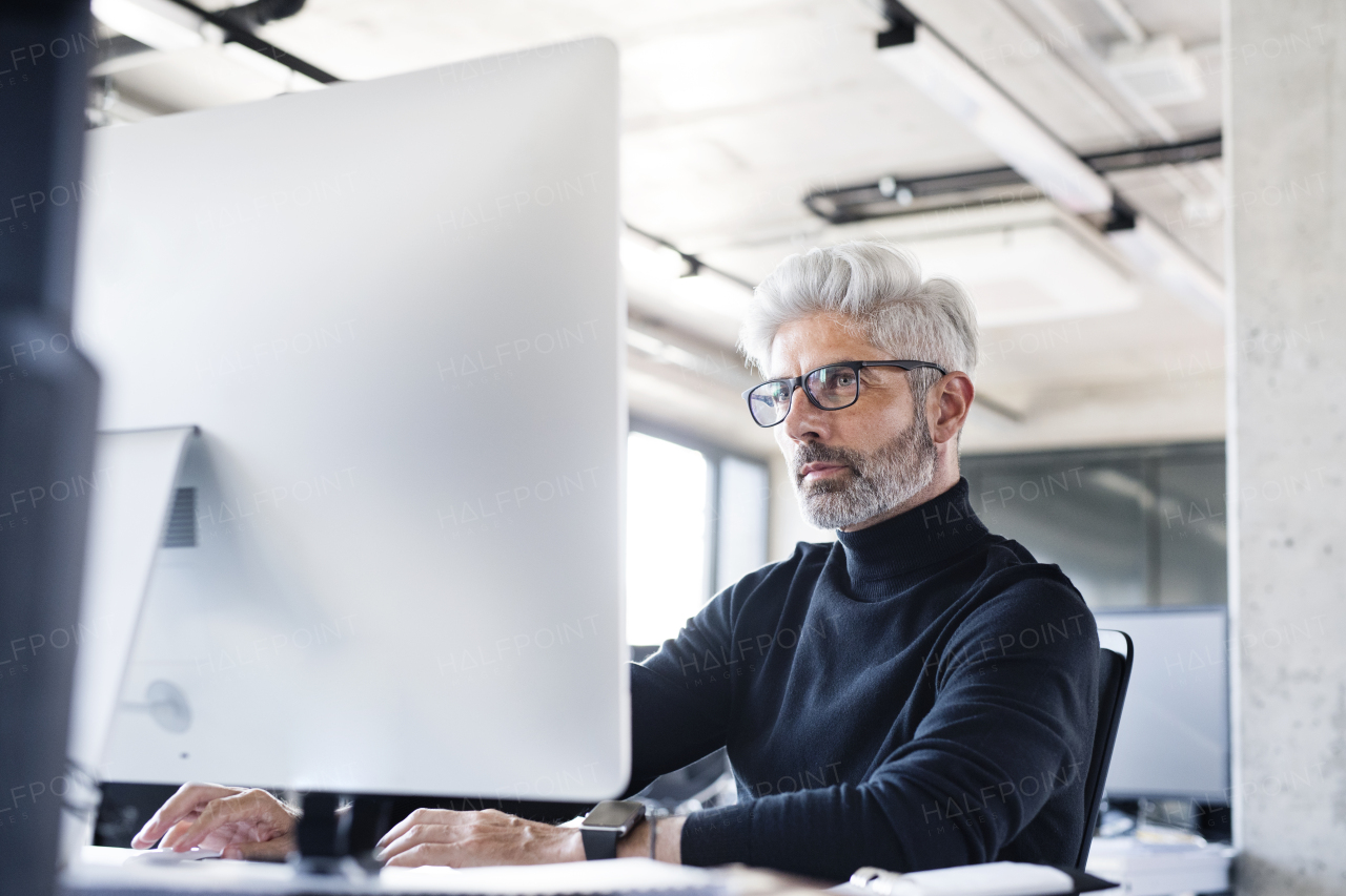 Handsome mature businessman in the office sitting at the desk with computer working.