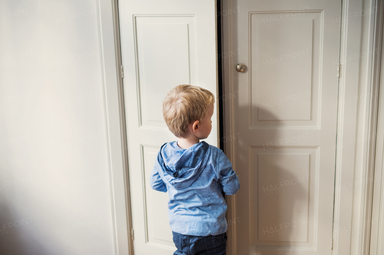 A rear view of toddler boy standing near wardrobe door inside in a bedroom. Copy space.