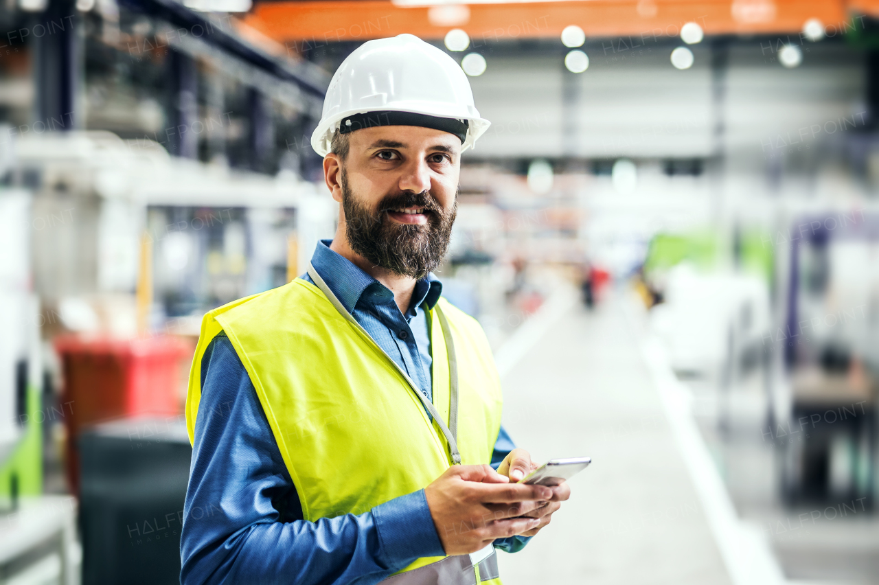 A mature industrial man engineer with name tag in a factory, using smartphone. Copy space.
