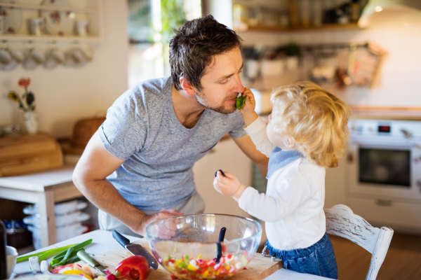 Young father with a toddler boy cooking. A man with his son making vegetable salad.