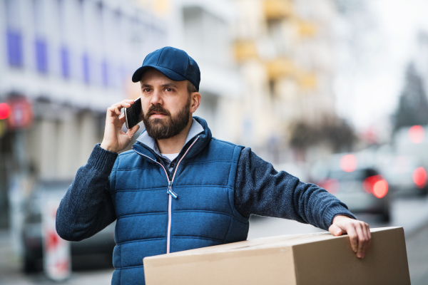 Delivery man holding a parcel box on the street - courier service concept. A man with a smartphone making a phone call.
