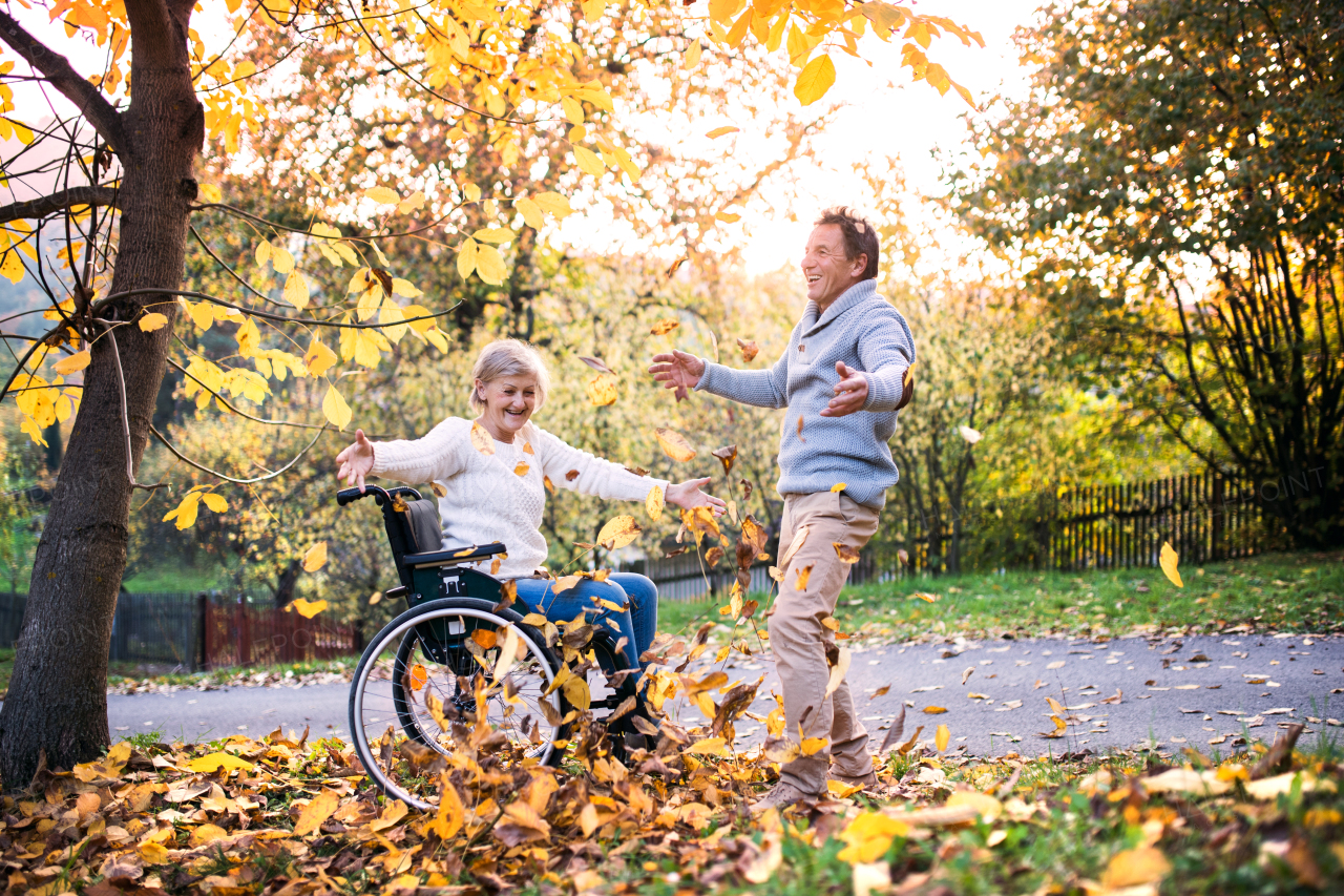 Senior couple in autumn nature. Man and woman in a wheelchair on a walk.