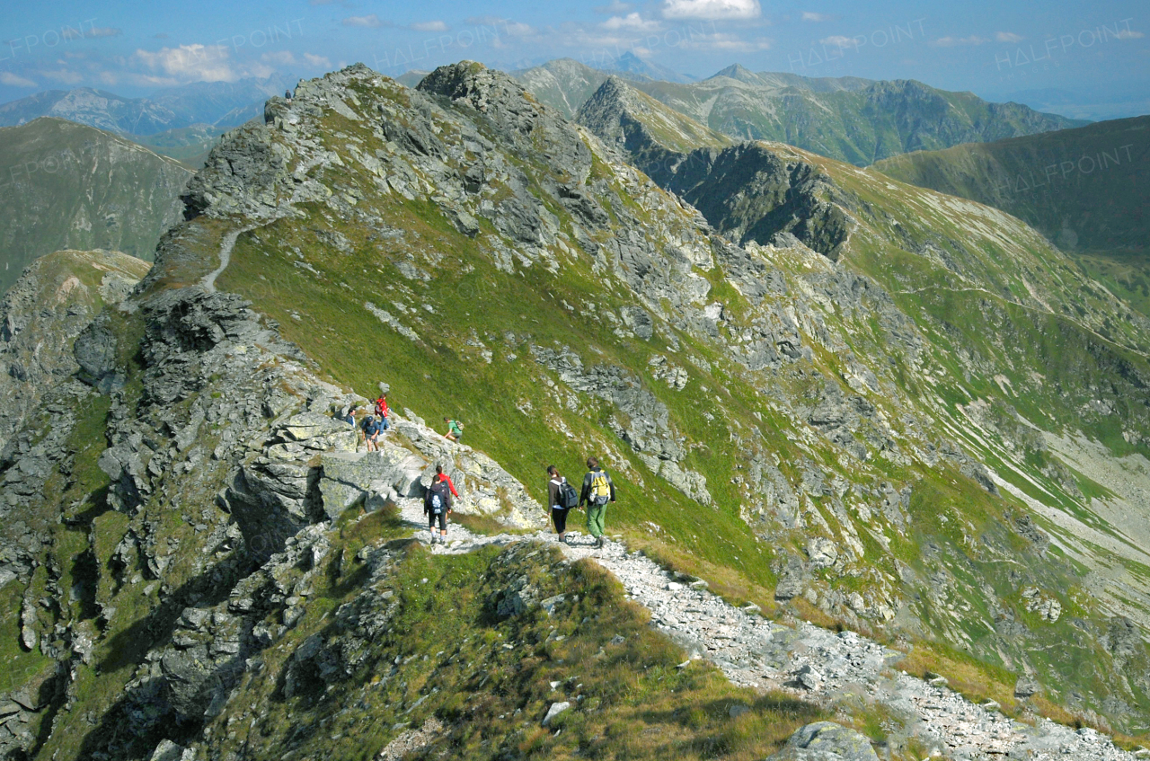 Mountain view and hiking path in green nature. Slovakia. High Tatras. 