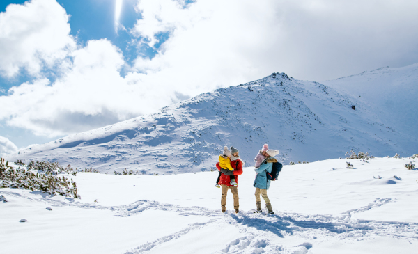 Front view portrait of father and mother with two small children in winter nature, standing in the snow.