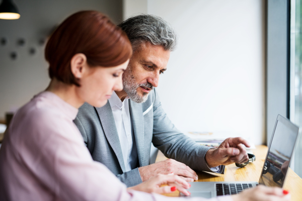 A man and woman having business meeting in a cafe, using laptop.