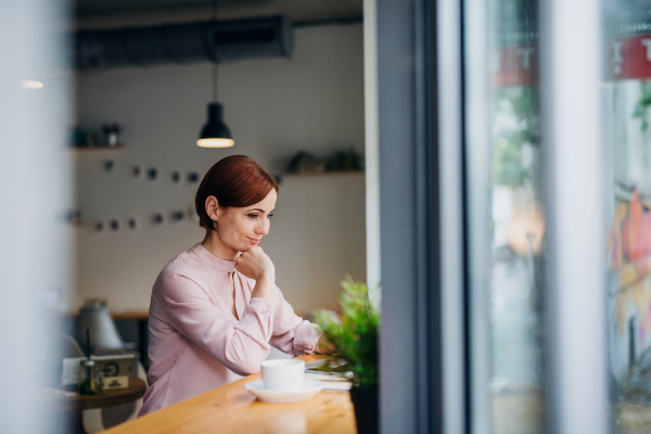 A portrait of attractive woman with coffee sitting at the table in a cafe, using laptop.