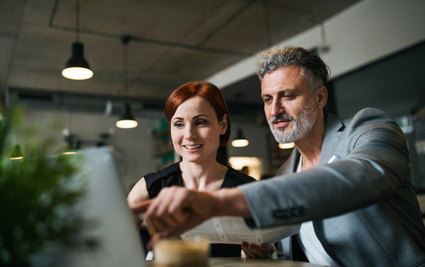 A man and woman with coffee having business meeting in a cafe, using laptop.