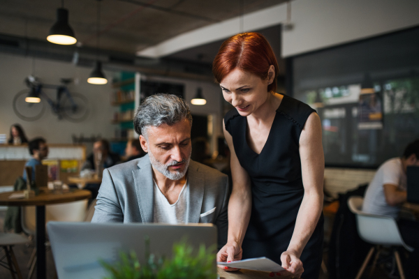 A man and woman with coffee having business meeting in a cafe, using laptop.