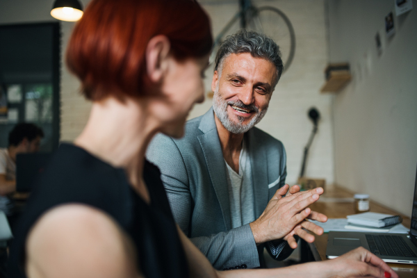 A man and woman having business meeting in a cafe, using laptop.