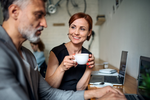 A man and woman having business meeting in a cafe, using laptop.
