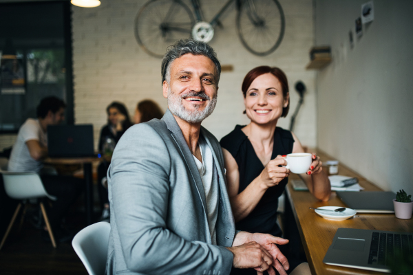 A man and woman having business meeting in a cafe, using laptop.