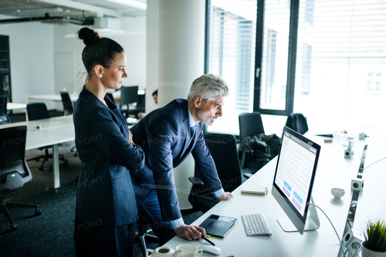 Two businesspeople with a computer standing in an office at desk, working.