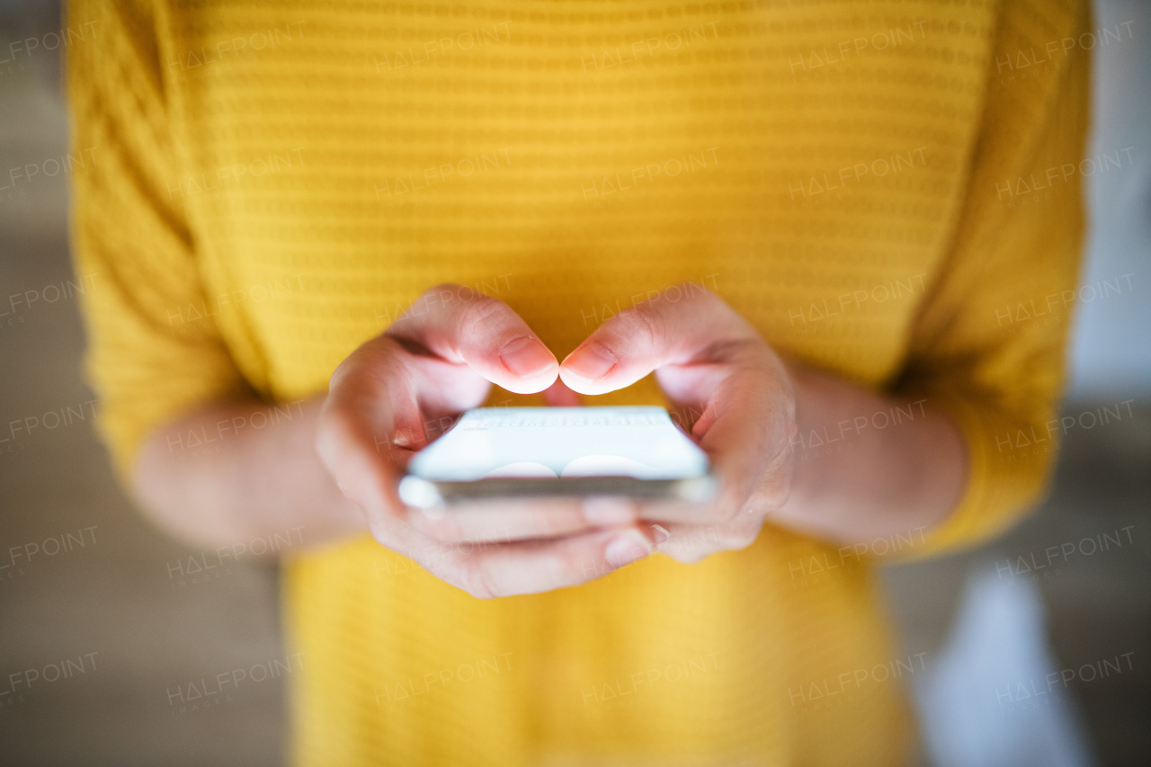 Midsection of young woman with smartphone standing indoors at home. Shot through glass.
