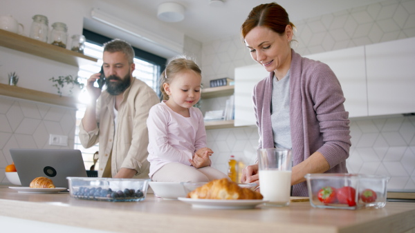 A happy family at home, mother preparing a breakfast, father working. Home office concept.