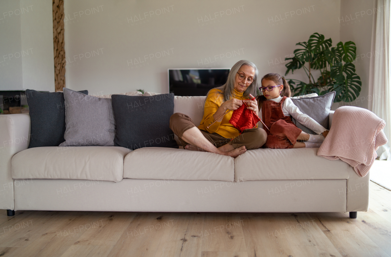 A little girl sitting on sofa with her grandmother and learning to knit indoors at home.