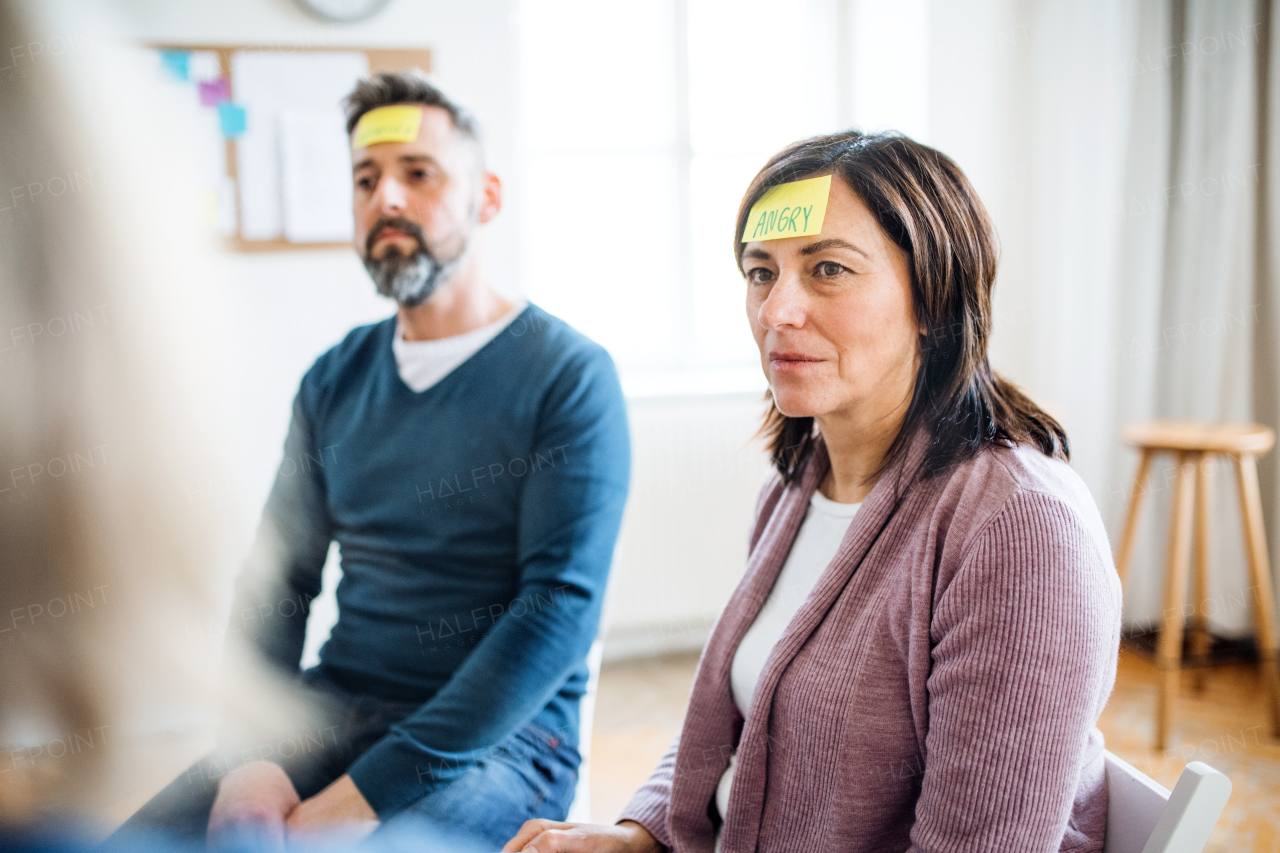 Men and women sitting in a circle during group therapy, adhesive notes with negative emotions on forehead.