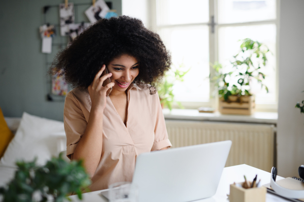 Portrait of young woman with laptop and smartphone indoors at home, home office concept.