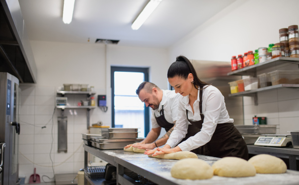 A chef and cook working on their dishes indoors in restaurant kitchen.
