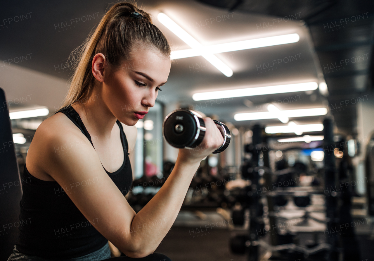 A young girl or woman with dumbbells, doing workout in a gym.
