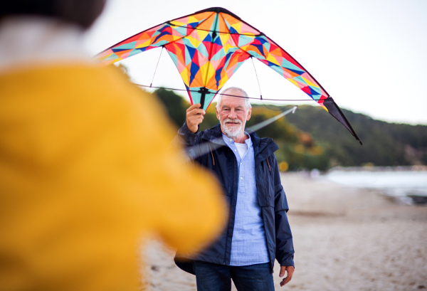 A senior man and his unrecognizable granddaughter preparing kite for flying on sandy beach.