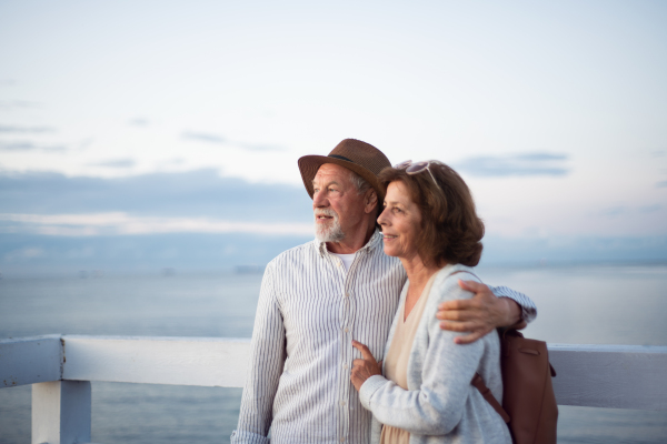 A happy senior couple hugging outdoors on pier by sea, looking at view.
