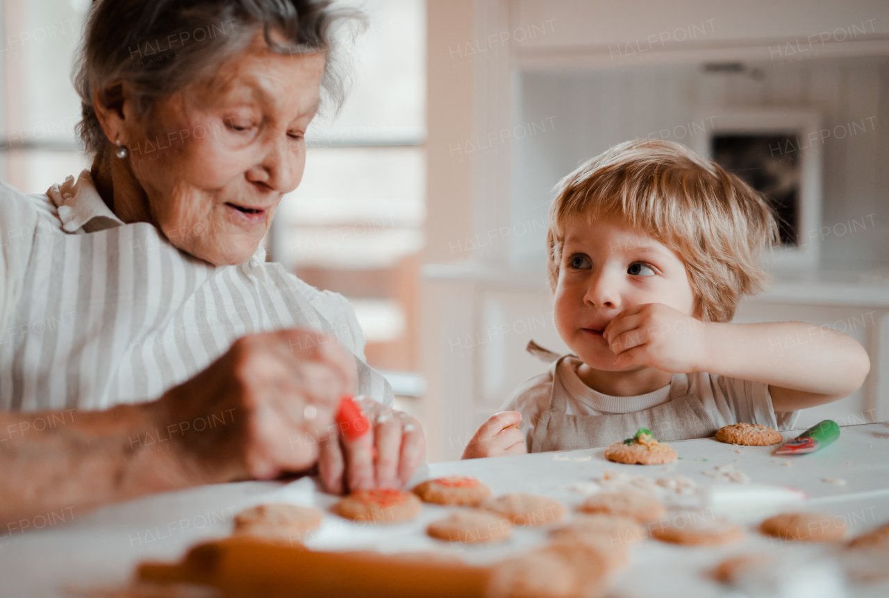 A senior grandmother with small toddler boy making and decorating cakes at home.