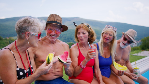 A group of cheerful seniors sitting by swimming pool outdoors in backyard, looking at camera.