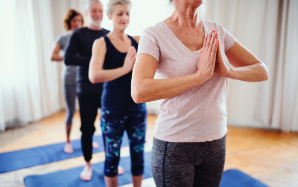 Group of active senior people doing yoga exercise in community center club.