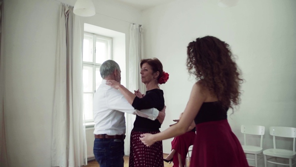 A group of senior people attending dancing class with dance teacher. Slow motion.