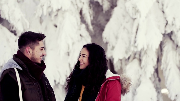 A portrait of couple standing outdoors in snow in winter forest, talking. Slow motion.