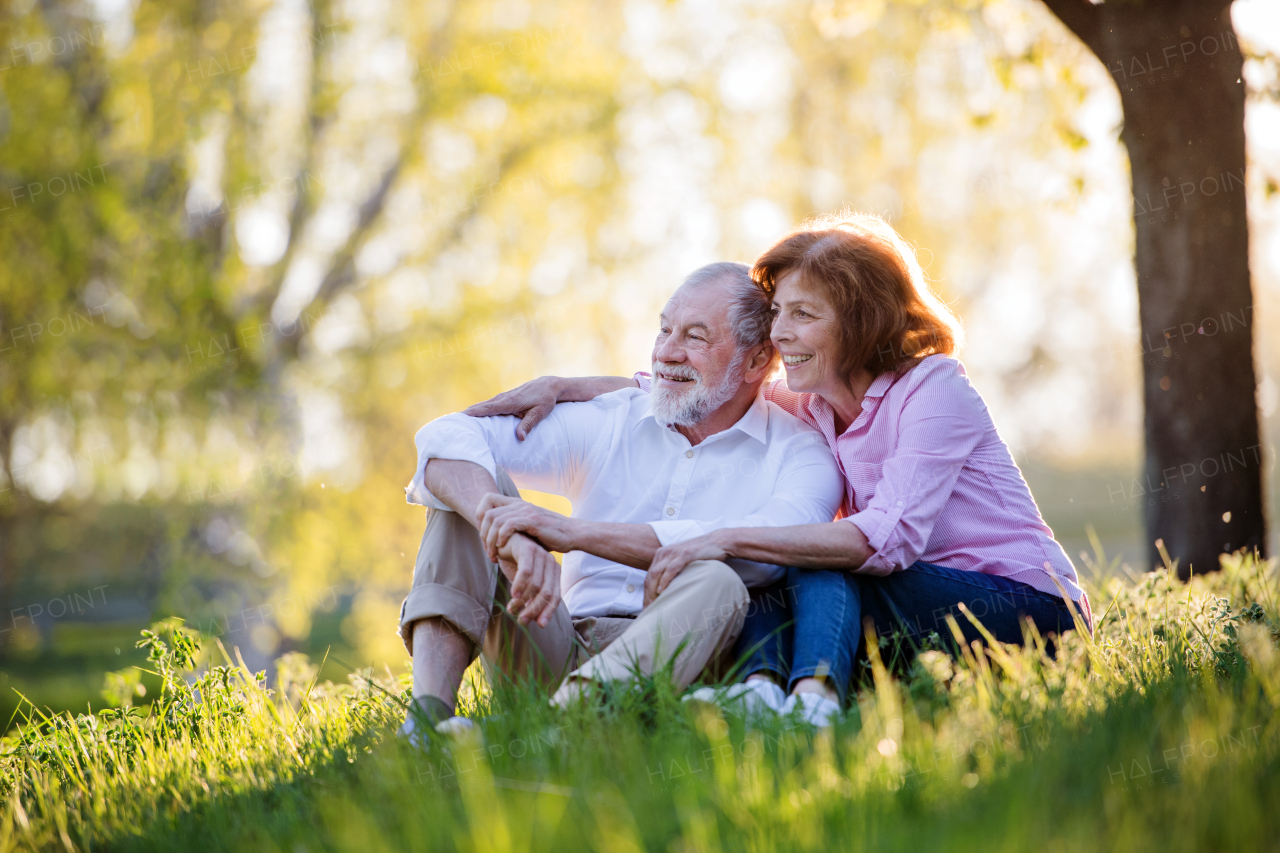 Beautiful senior couple in love sitting outside in spring nature under blossoming trees, hugging.