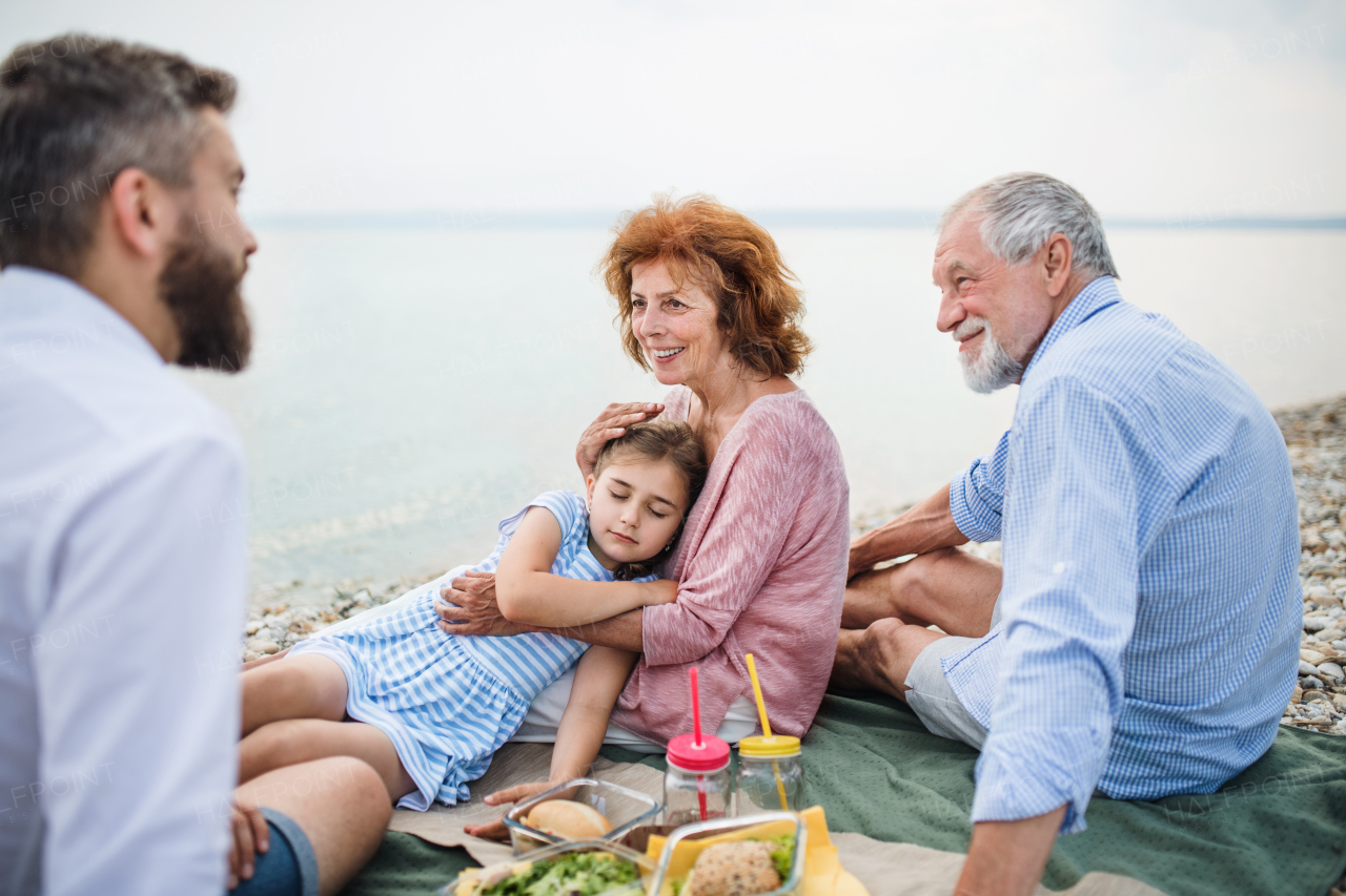 A multigeneration family on a holiday by the lake, having picnic.
