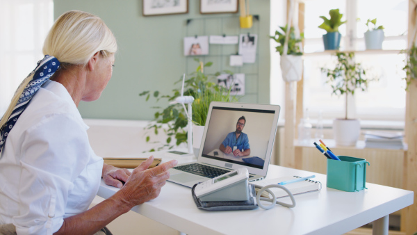 Senior woman with laptop indoors at home , consulting doctor and video call concept.