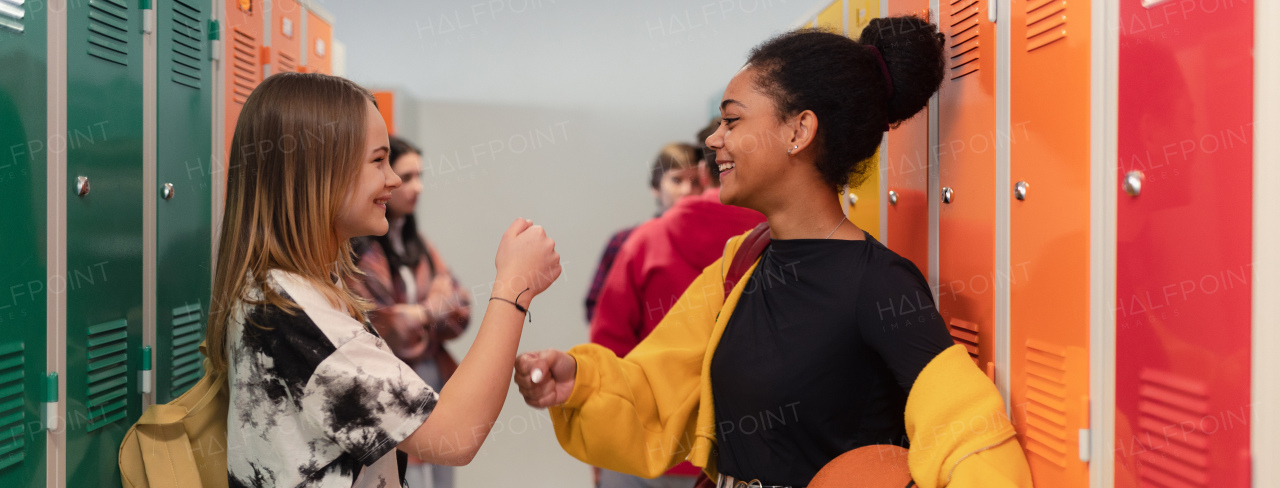 Young high school students meeting and greeting near locker in a campus hallway, back to school concept.
