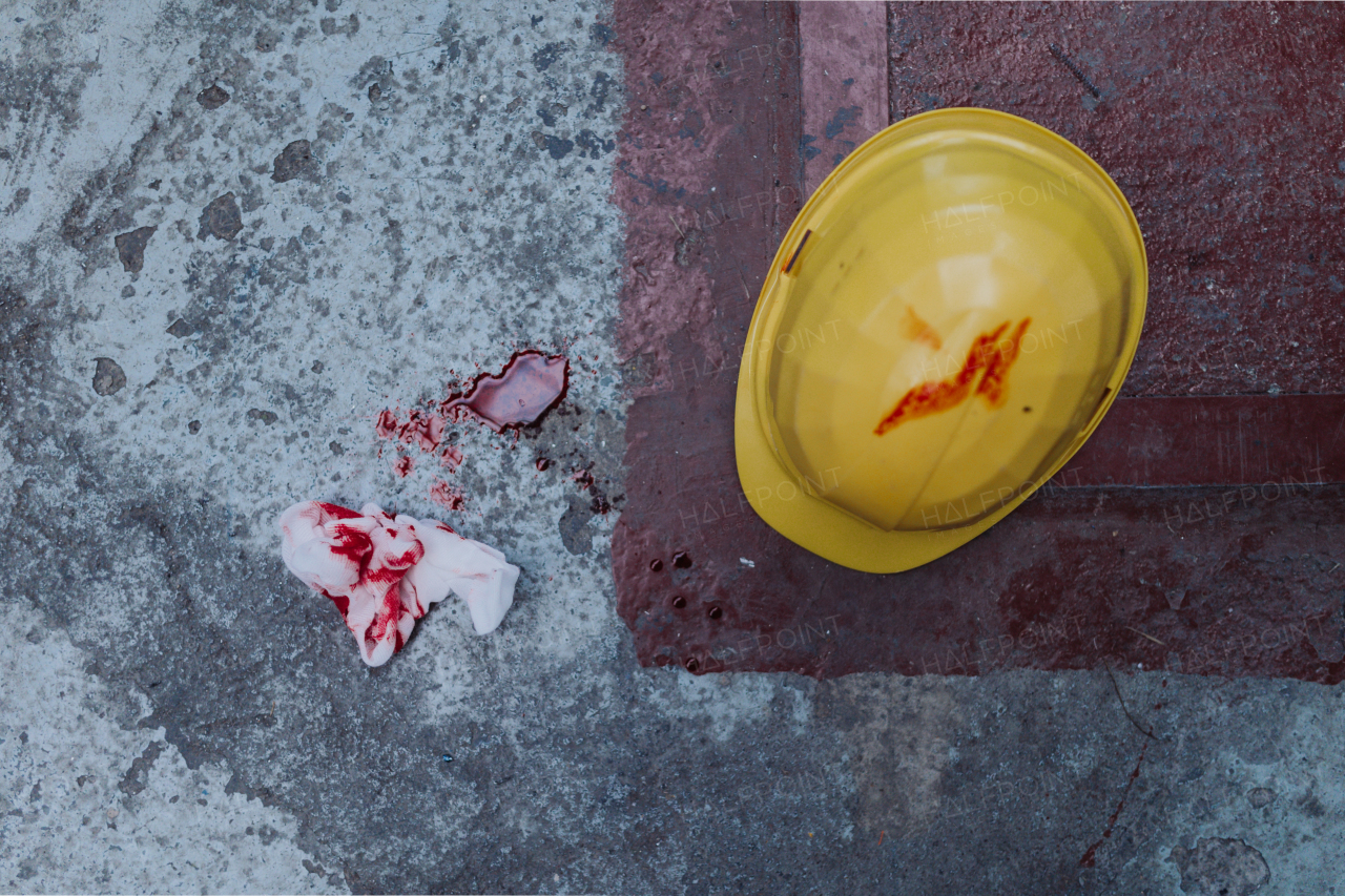 A helmet and tissue with blood stains and blood on the floor, work accident concpet.