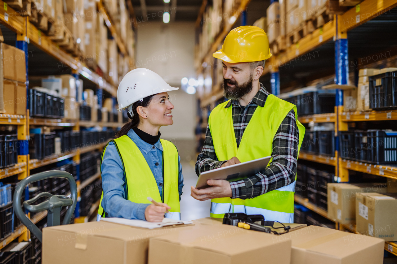 Warehouse workers checking stuff in warehouse with digital system in a tablet, holding a solar panel.