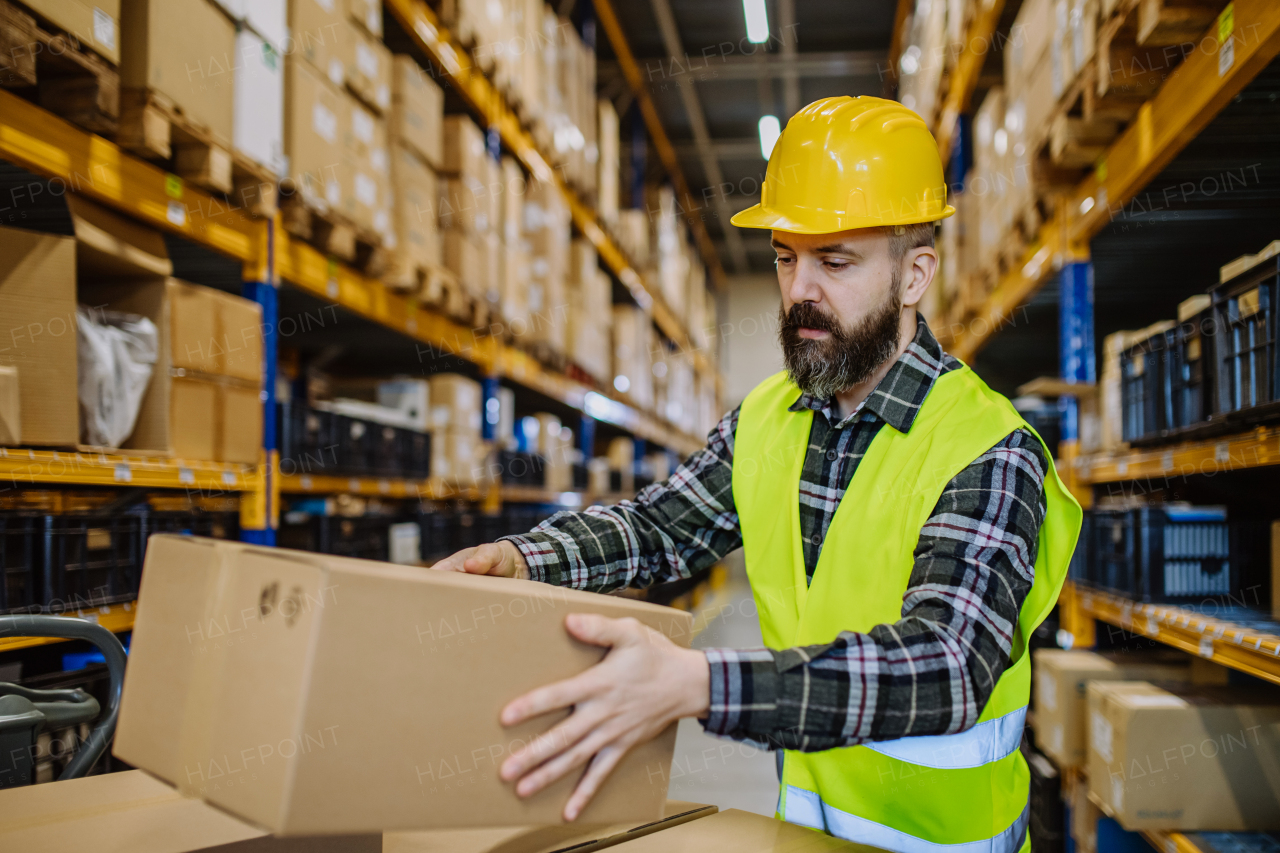 Warehouse worker stocking goods in warehouse.