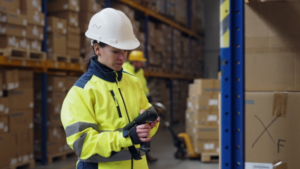 Warehouse female worker checking up stuff in warehouse.