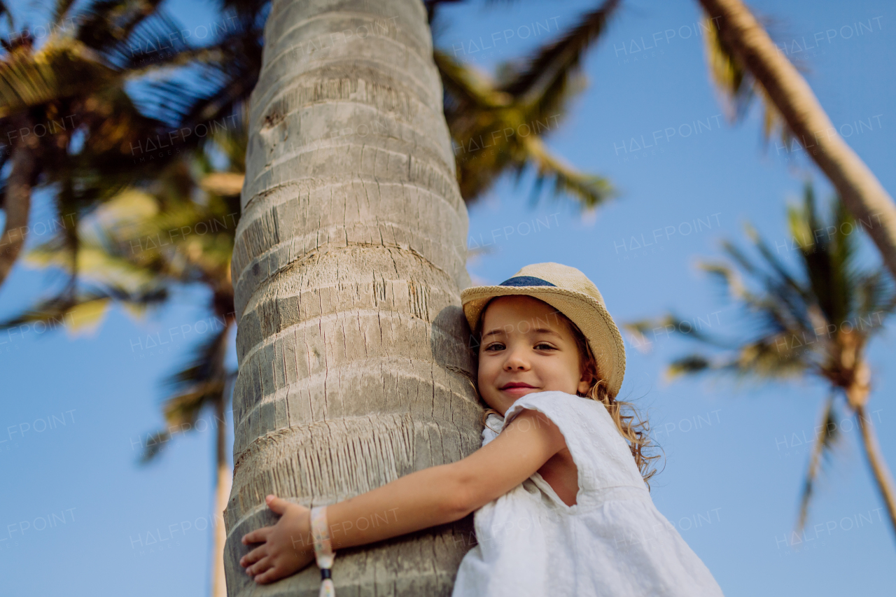 Happy little girl hugging palm tree during the tropical vacation.