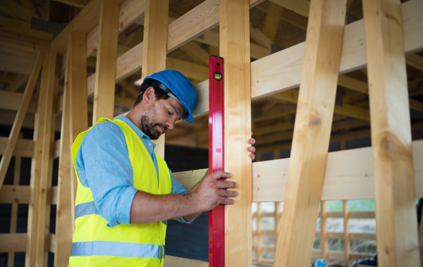 Carpenter checking a wooden planks with spirit level, diy eco-friendly homes concept.