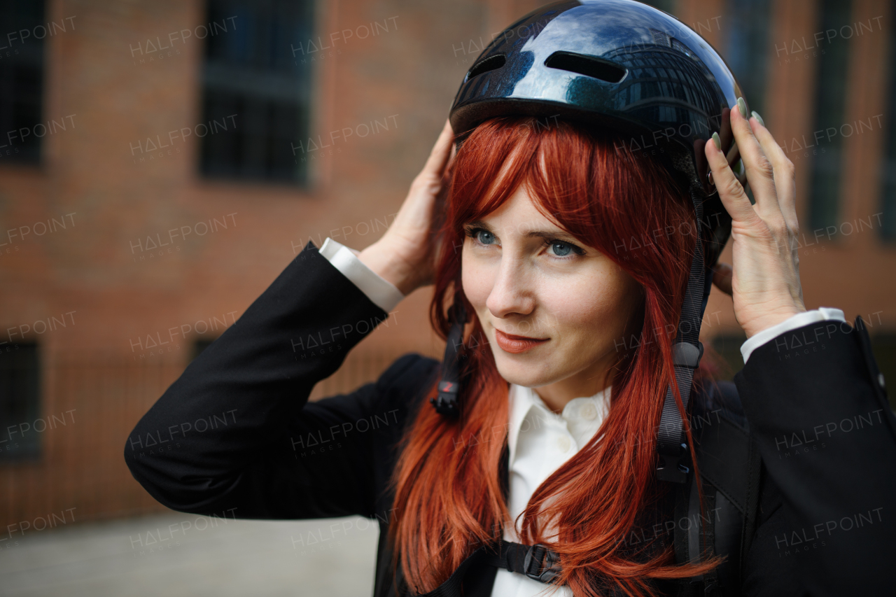 A portrait of businesswoman commuter on the way to work putting on cycling helmet, sustainable lifestyle concept.