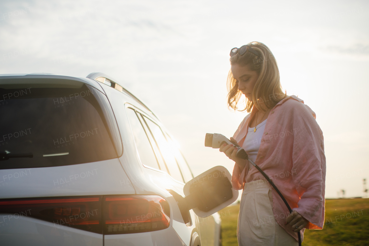 Young woman holding power supply cable from her car, prepared for charging it, sustainable and economic transportation concept.