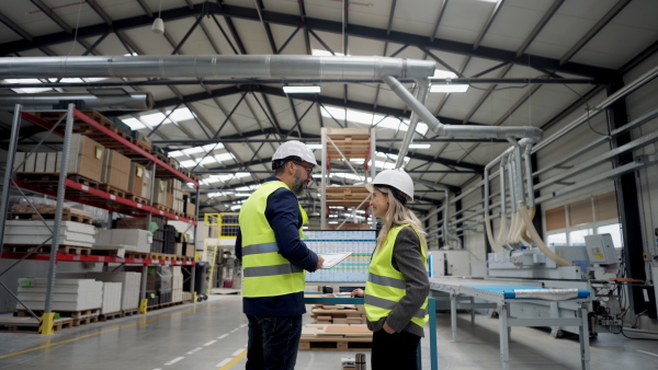Rear view of female engineer and male supervisor standing in modern industrial factory, talking about production. Team management in manufacturing facility