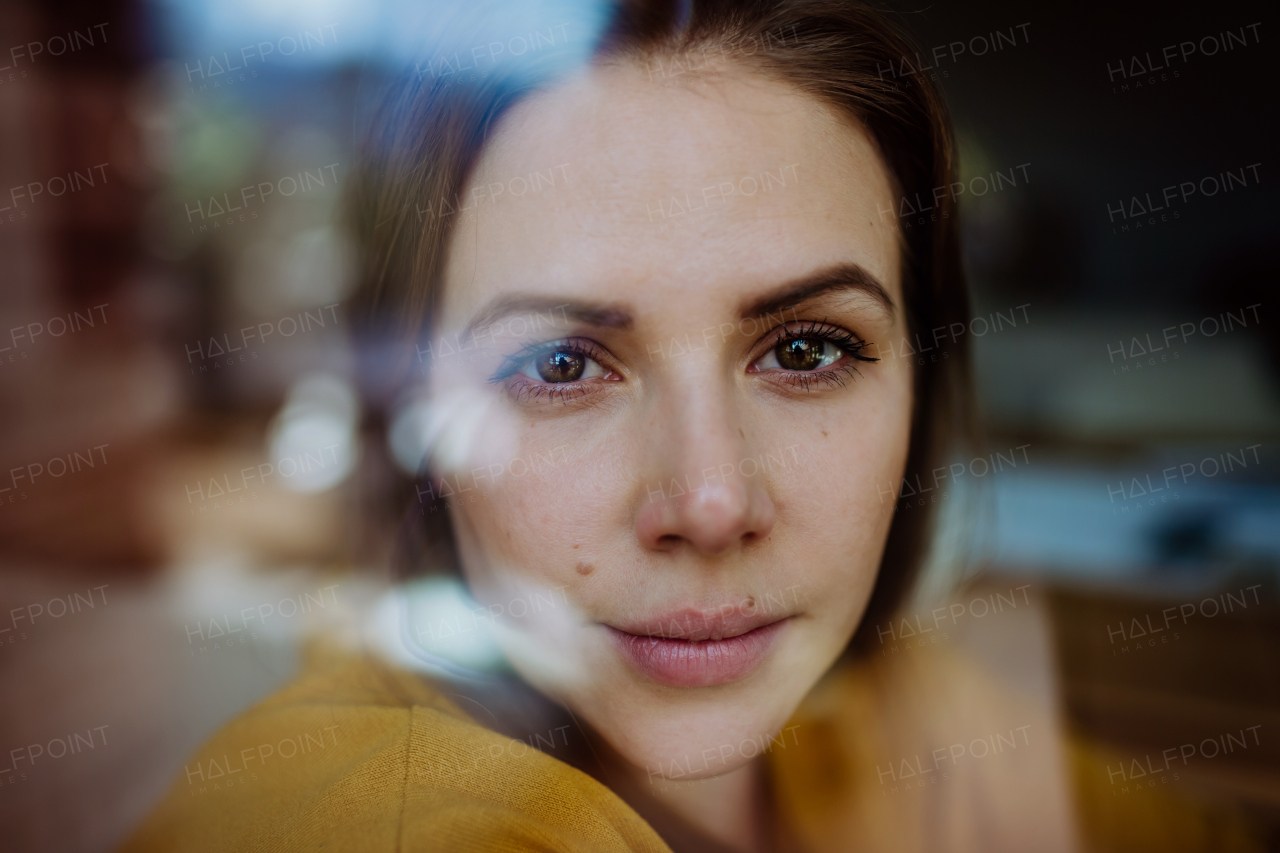 A close-up portrait of happy young woman resting at home, shot through window.