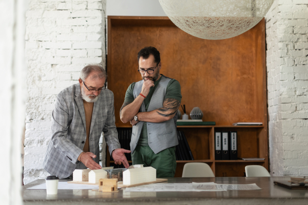 Young architect consulting project with a senior client. New architect getting advice from a senior colleague.
