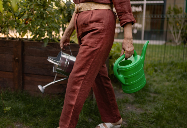 A close up of a watering can. The gardener holding a plastic and metal watering can.