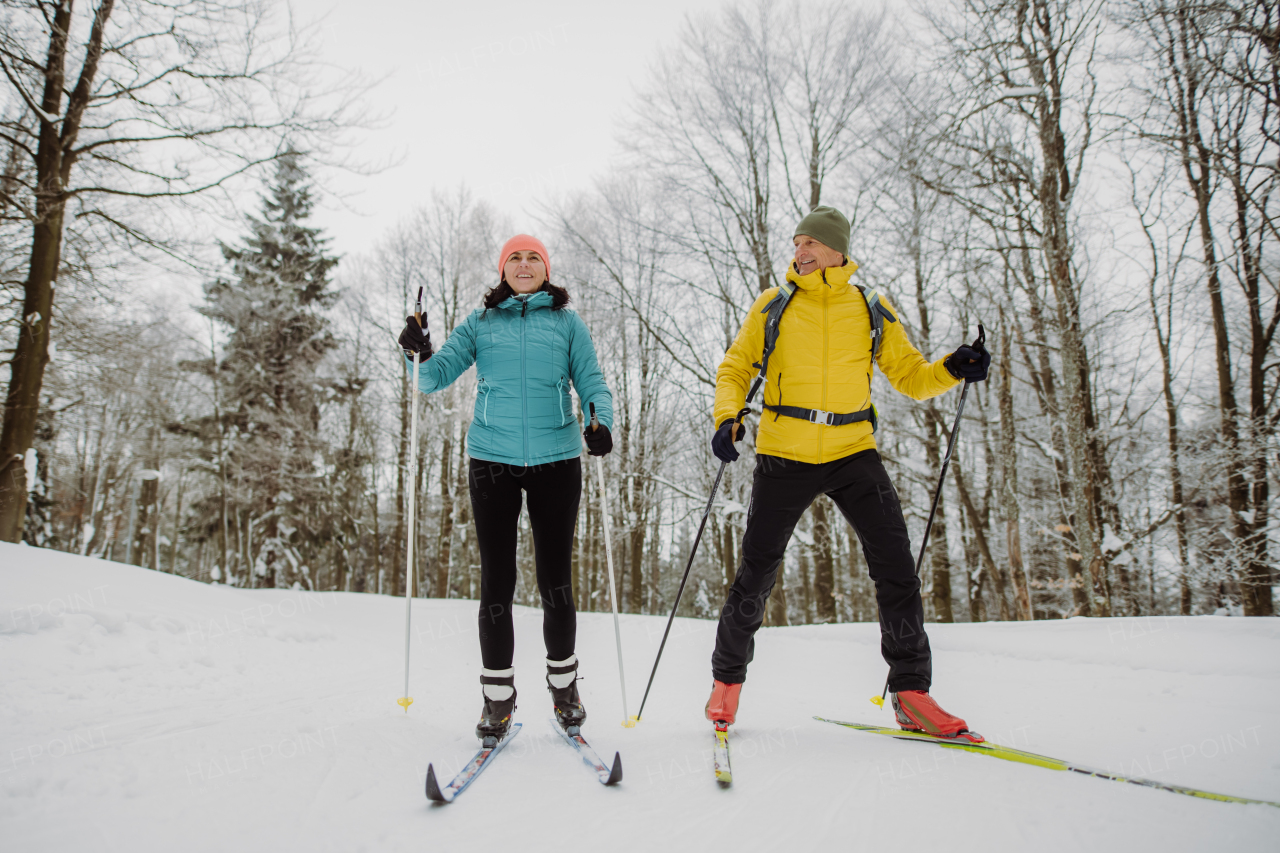 Senior couple skiing together in the middle of snowy forest