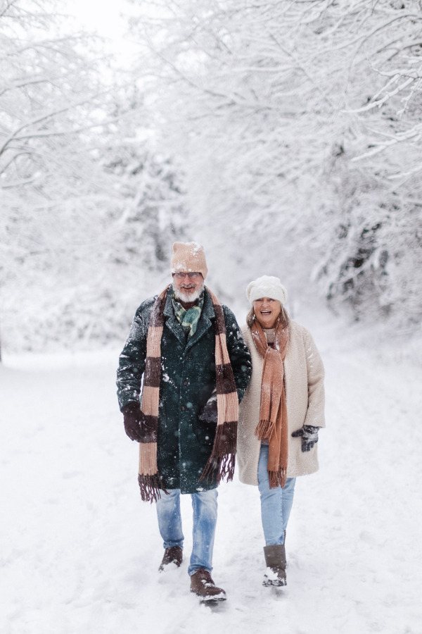 Elegant senior couple walking in the snowy park, during cold winter snowy day. Elderly couple spending winter vacation in the mountains. Wintry landscape.