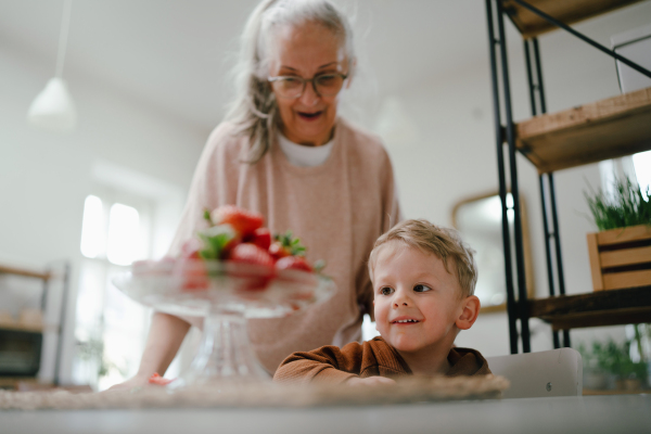 Grandmother giving homegrown strawberries to her grandson.